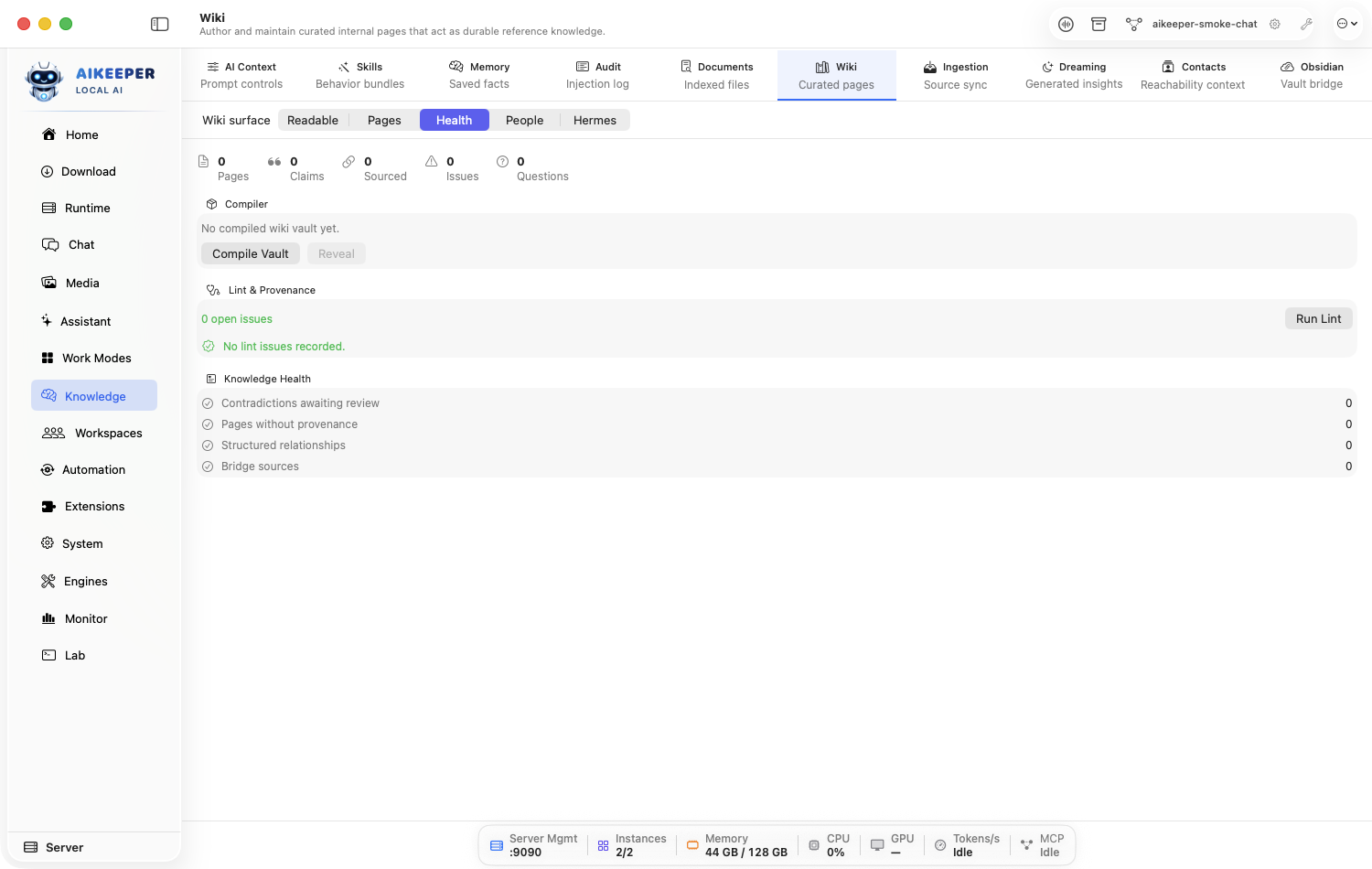 Knowledge Wiki Health showing compiler, lint and provenance, and knowledge-health controls.